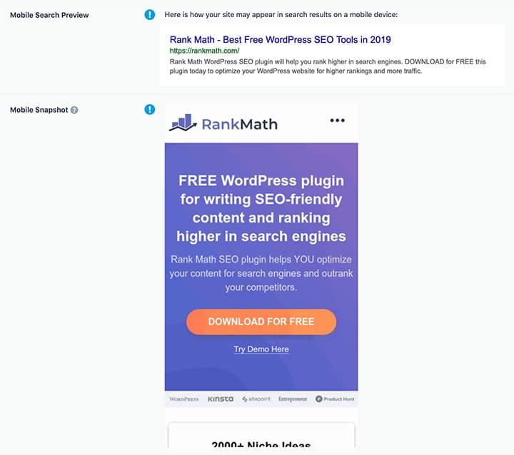 mobile preview in rank math seo audit