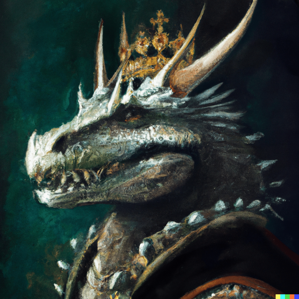 DALL·E 2022 12 19 16.35.15 an oil painting portrait of a dragon wearing medieval royal robes and an ornate crown on a dark background